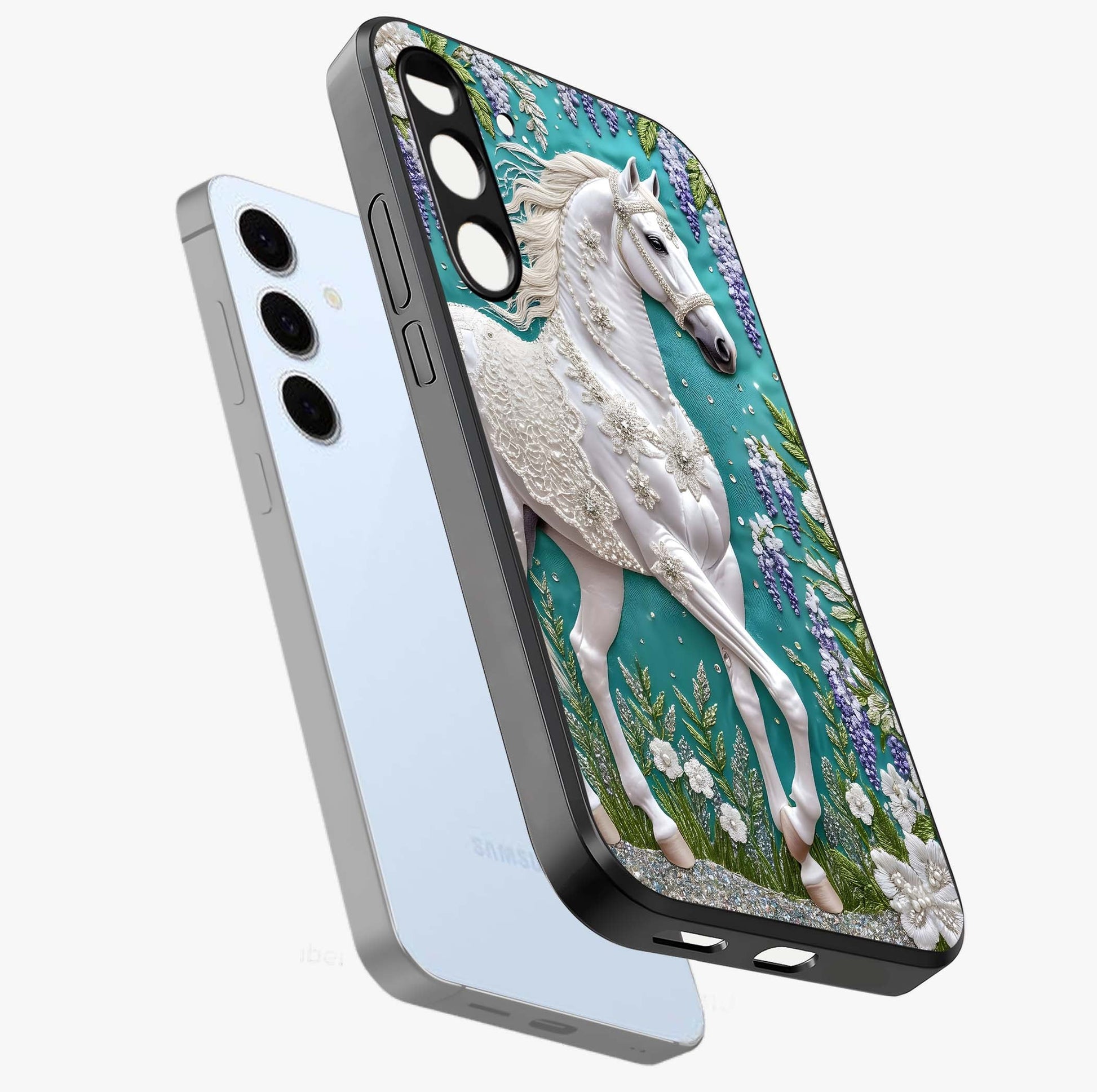 Majestic Floral Stallion Glass Case displayed in angled mockup highlighting majestic stallion illustration with elegant floral aesthetic.