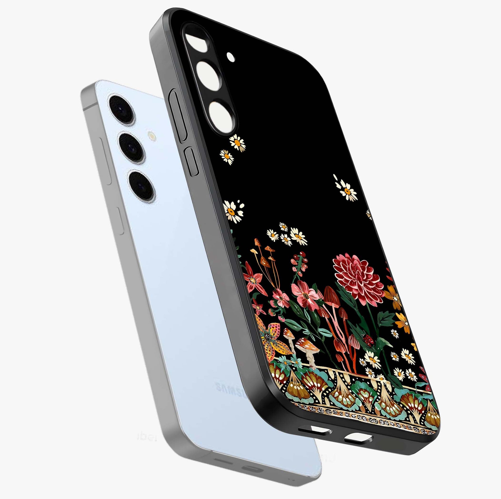 Midnight Bloom Pattern Glass Case displayed in angled mockup highlighting elegant flower design with midnight aesthetic style.