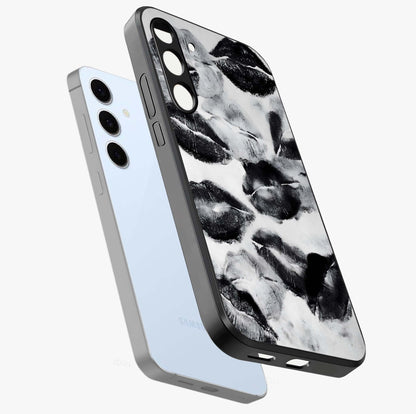Midnight Kiss Marks Glass Case displayed in angled mockup highlighting playful romantic design with bold midnight aesthetic.
