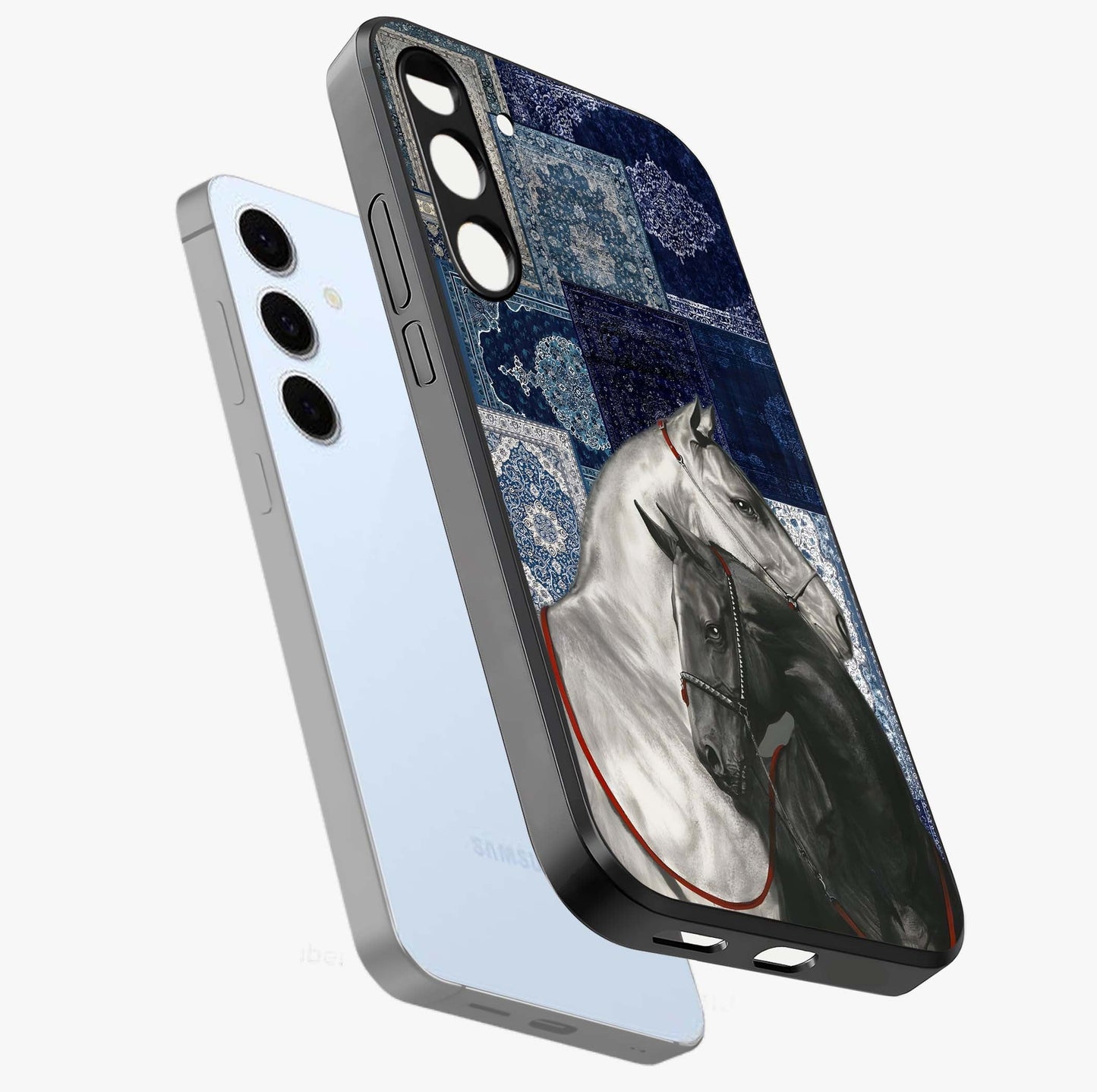 Midnight Stallion Blues Glass Case displayed in angled mockup highlighting powerful stallion illustration with deep midnight tones.