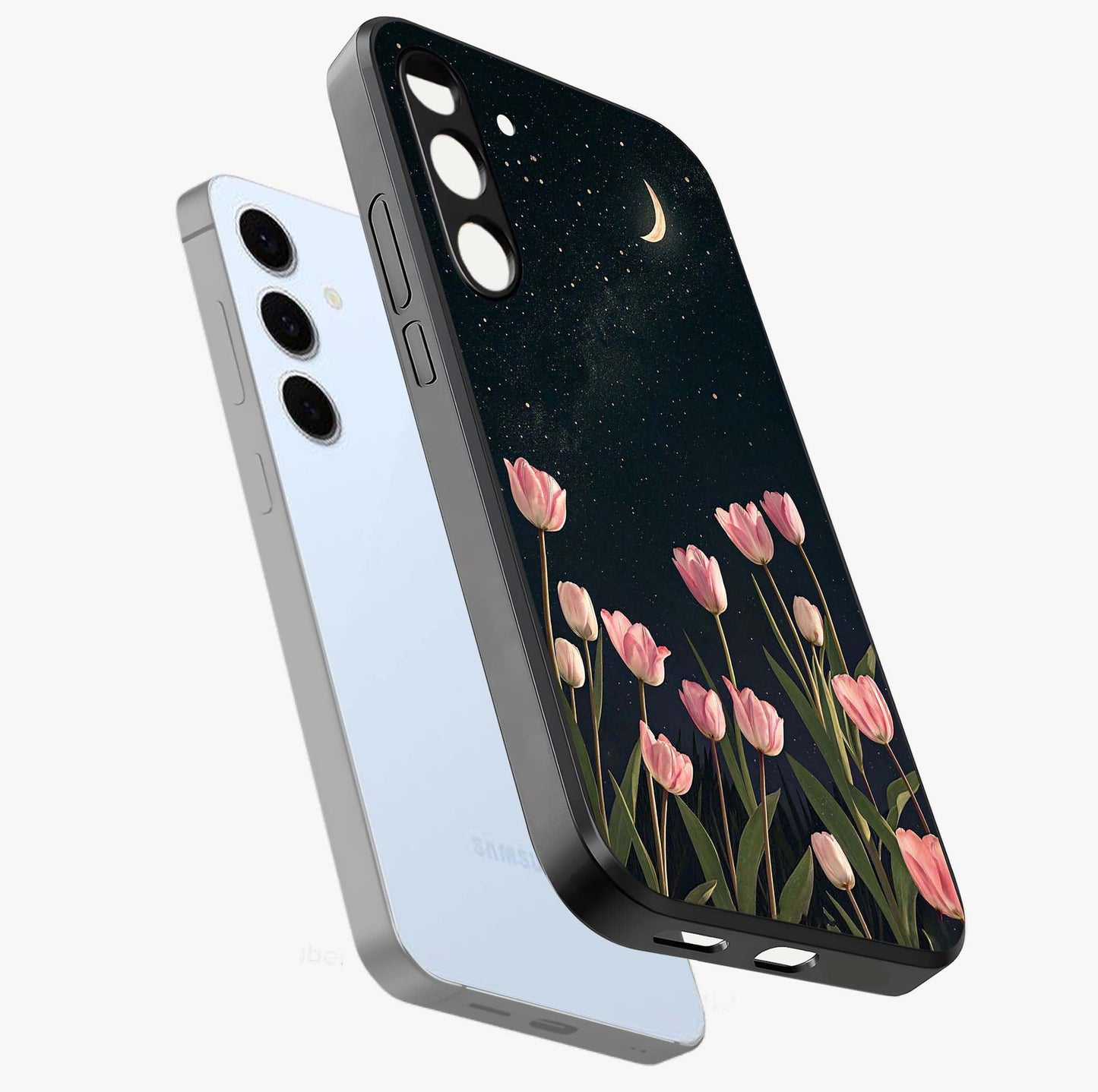 Midnight Tulip Whispers Vibe Glass Case displayed in angled mockup highlighting delicate tulip design with midnight floral aesthetic.