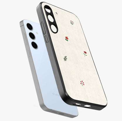 Minimalistic Blue With White Flower Pattern Glass Case displayed in angled mockup highlighting simple floral design with minimal aesthetic.