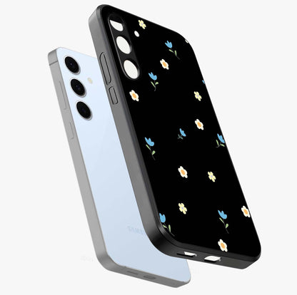 Minimal Petal Whispers Glass Case displayed in angled mockup highlighting delicate petal design with clean minimal aesthetic.