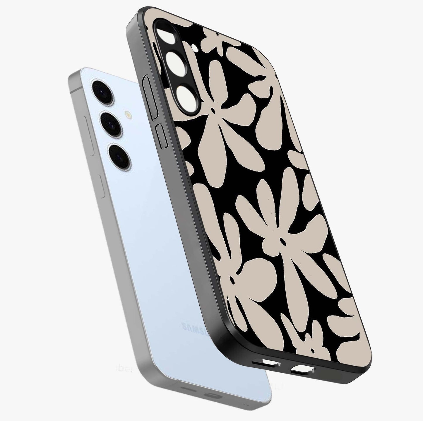 Monochrome Petal Dance Glass Case displayed in angled mockup highlighting elegant petal design with black and white aesthetic.