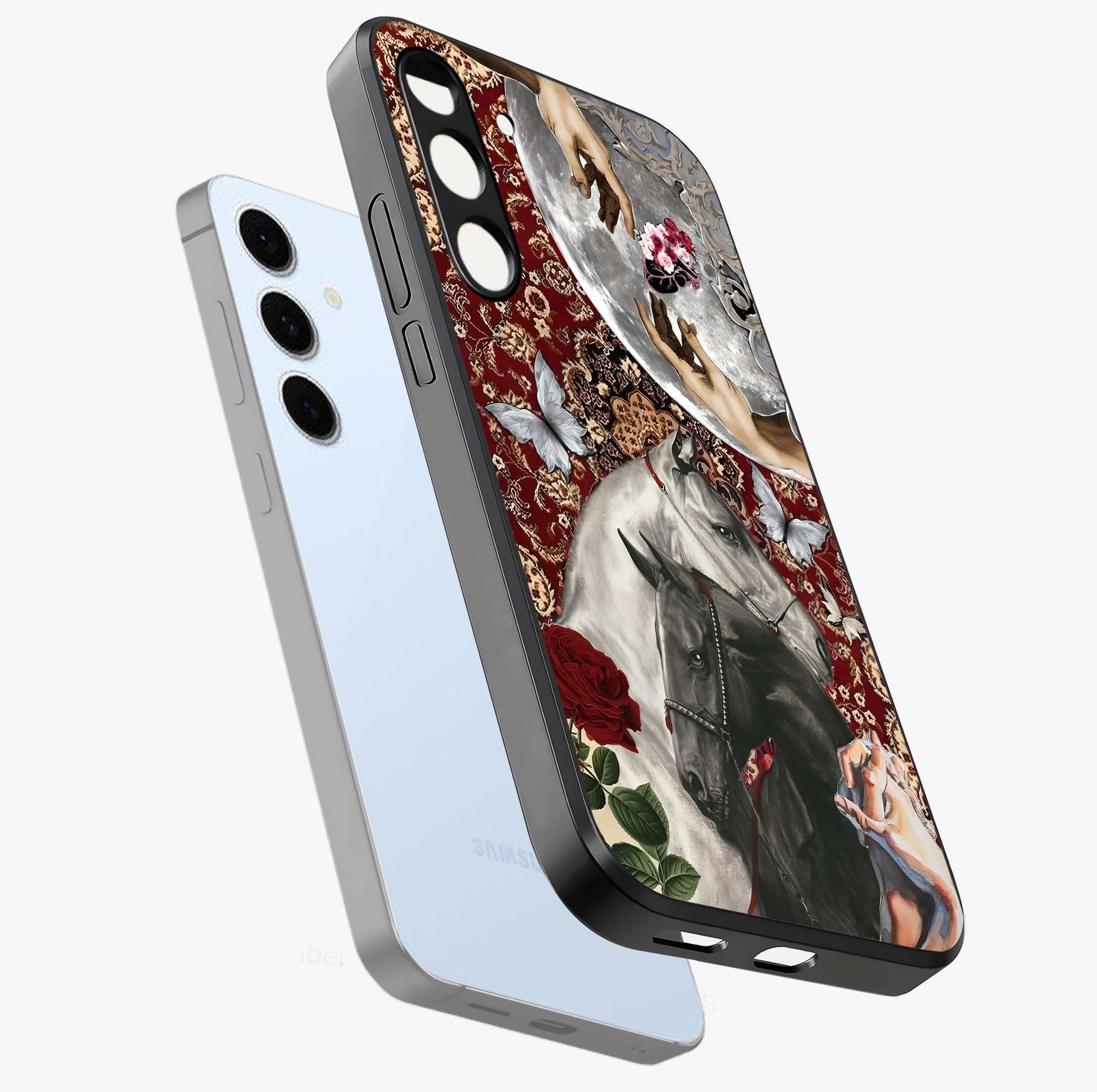 Moonlit Royal Stallion Glass Case displayed in angled mockup highlighting powerful stallion illustration with royal night aesthetic.