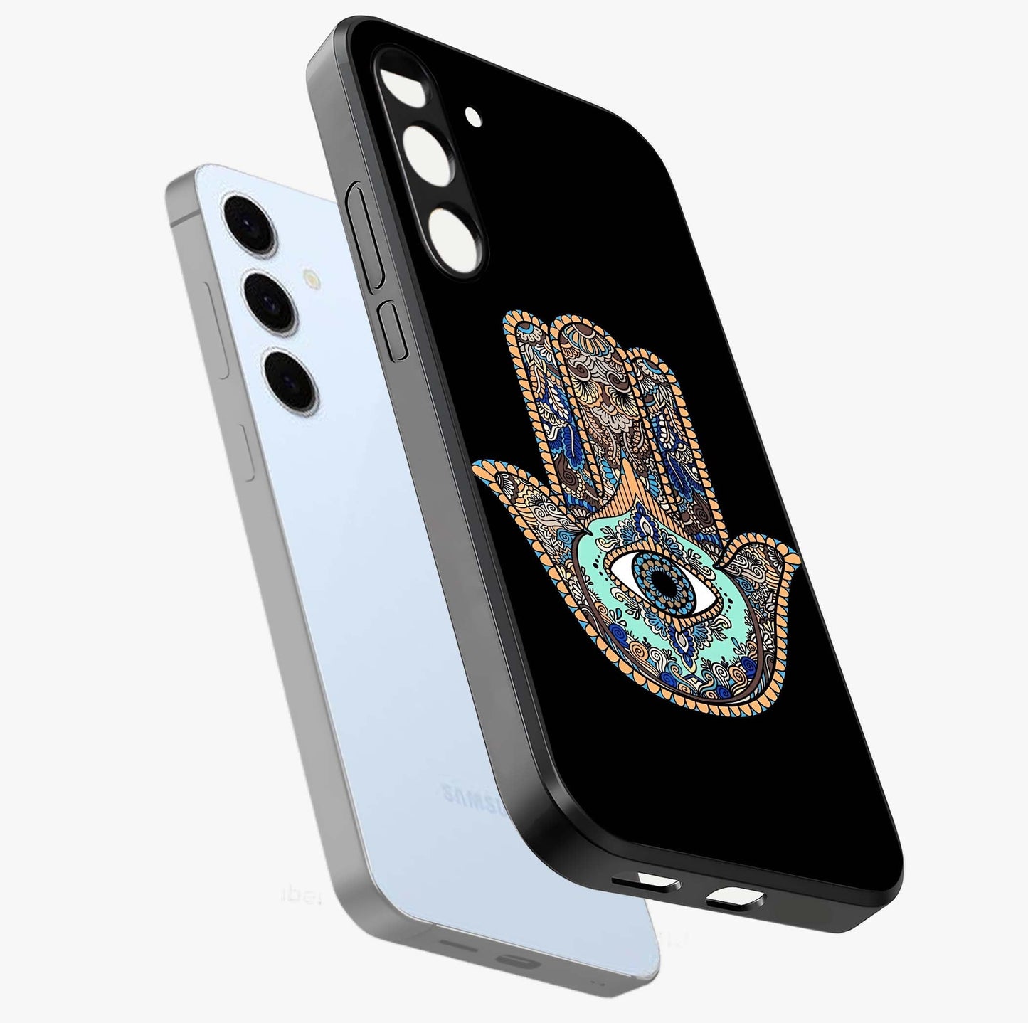 Mystic Hamsa Eye Glass Case displayed in angled mockup highlighting spiritual hamsa symbol with mystical aesthetic style.