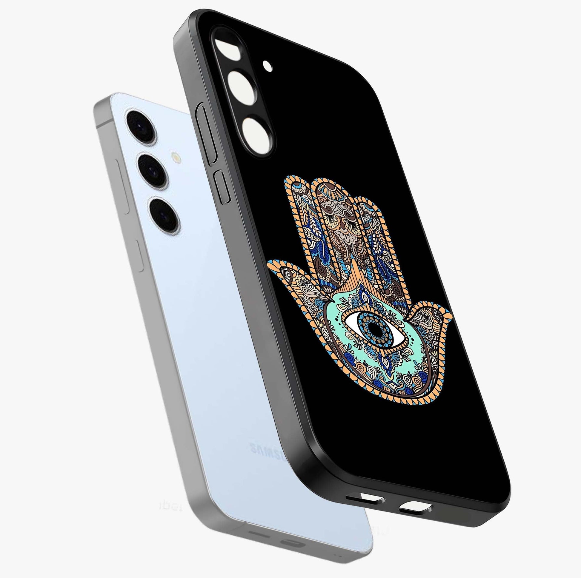 Mystic Hamsa Eye Glass Case displayed in angled mockup highlighting spiritual hamsa symbol with mystical aesthetic style.