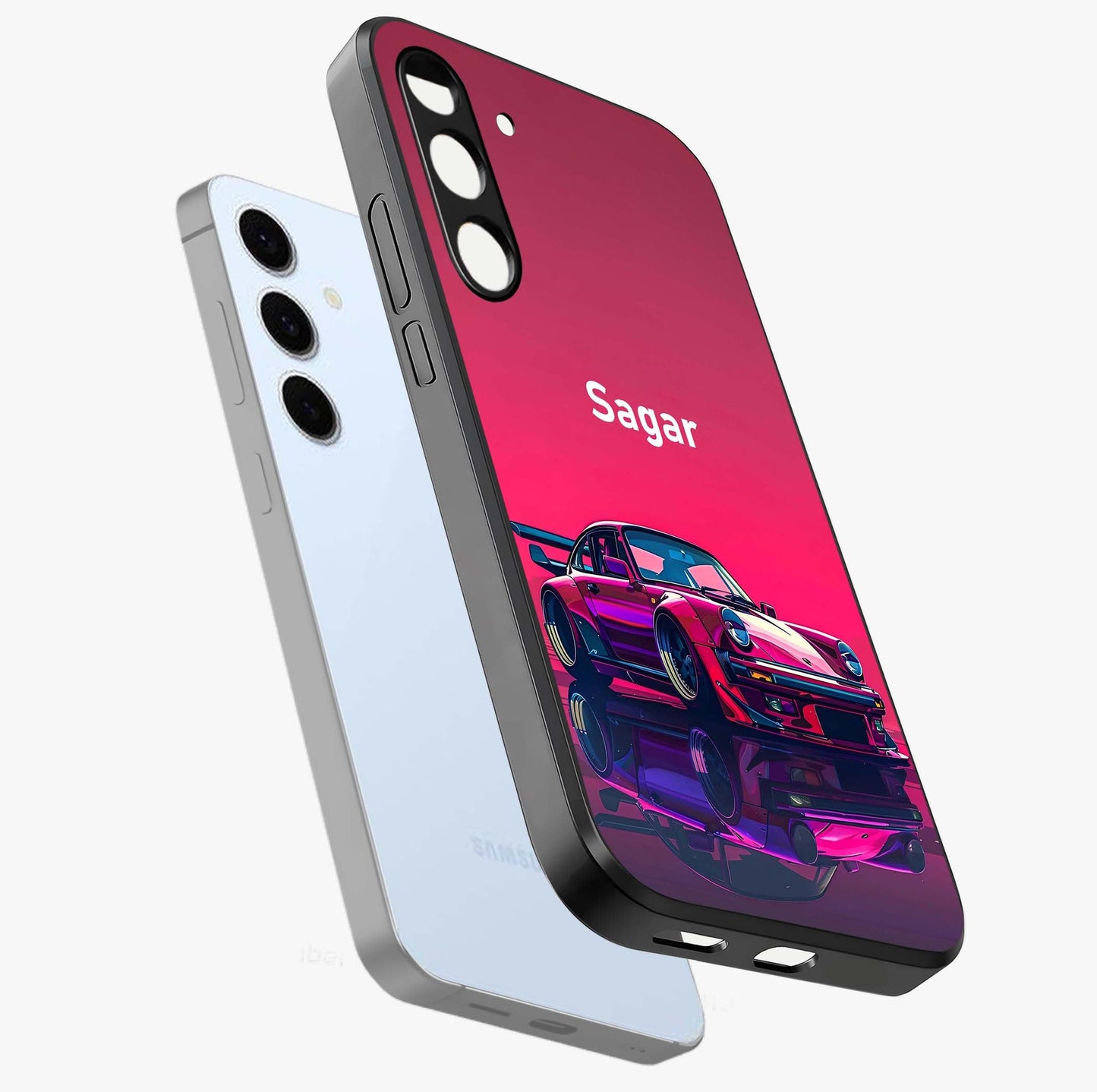 Neon Pink Porsche Glass Case displayed in angled mockup highlighting sleek neon pink car design with racing aesthetic.