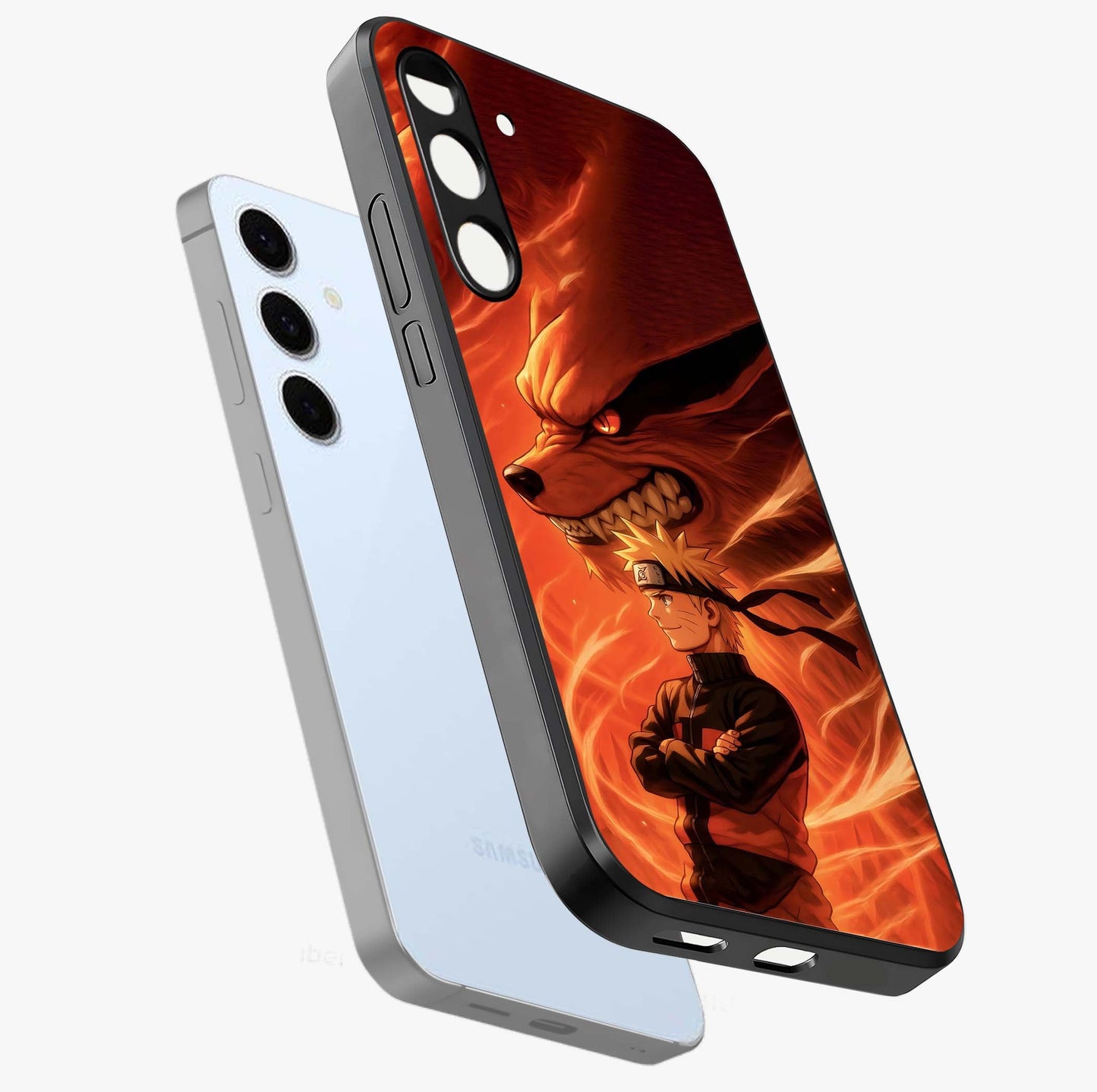 Nine Tails Legacy Glass Case displayed in angled mockup highlighting dynamic anime beast illustration with bold mystical aesthetic.