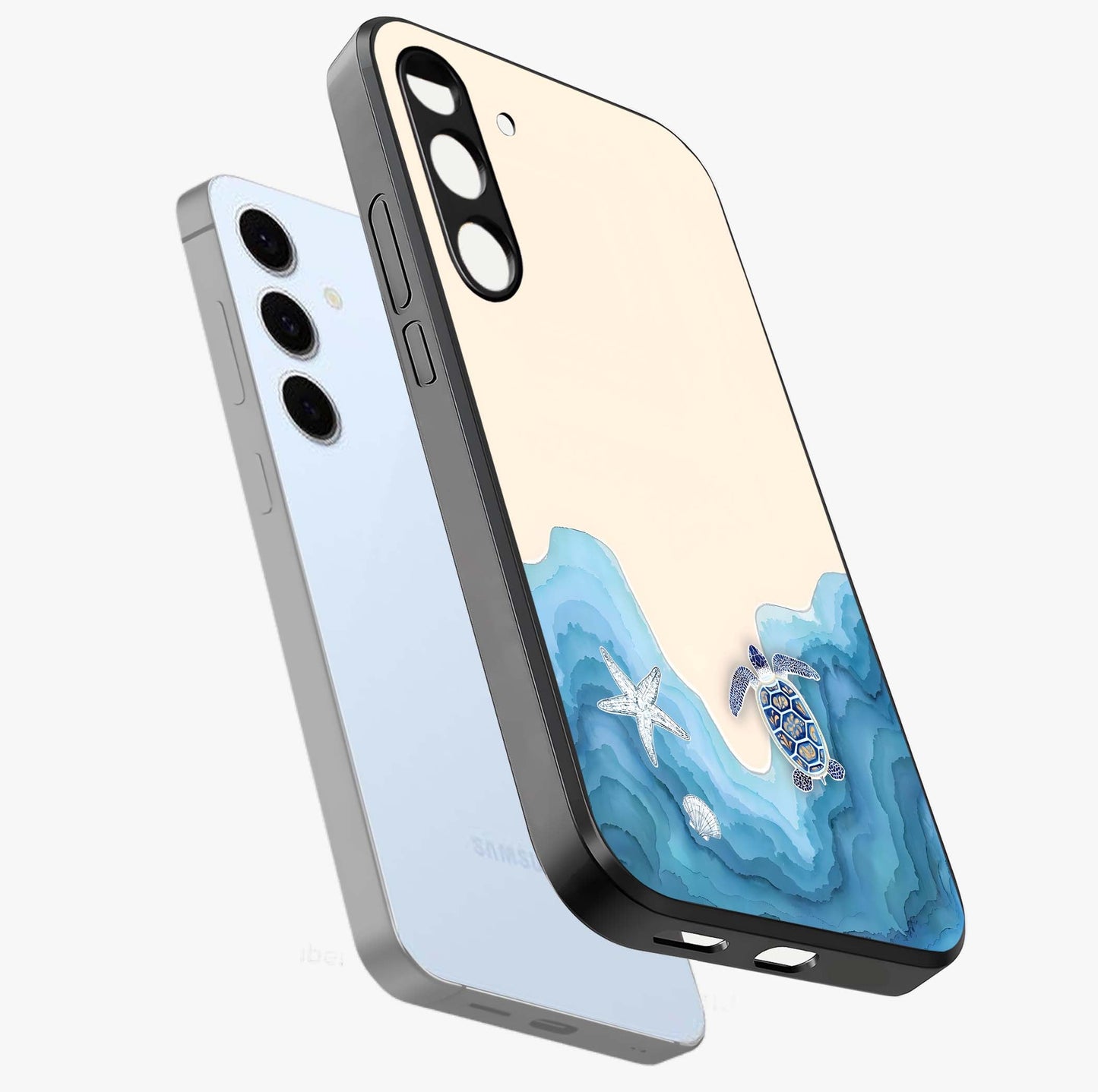 Ocean Drift Turtle Glass Case displayed in angled mockup highlighting peaceful ocean turtle illustration with marine aesthetic.
