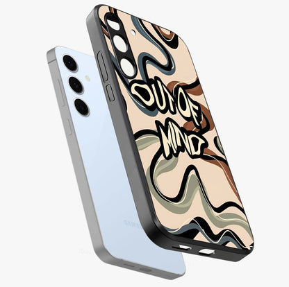 Out Of Mind Glass Case displayed in angled mockup highlighting bold statement design with modern artistic aesthetic.