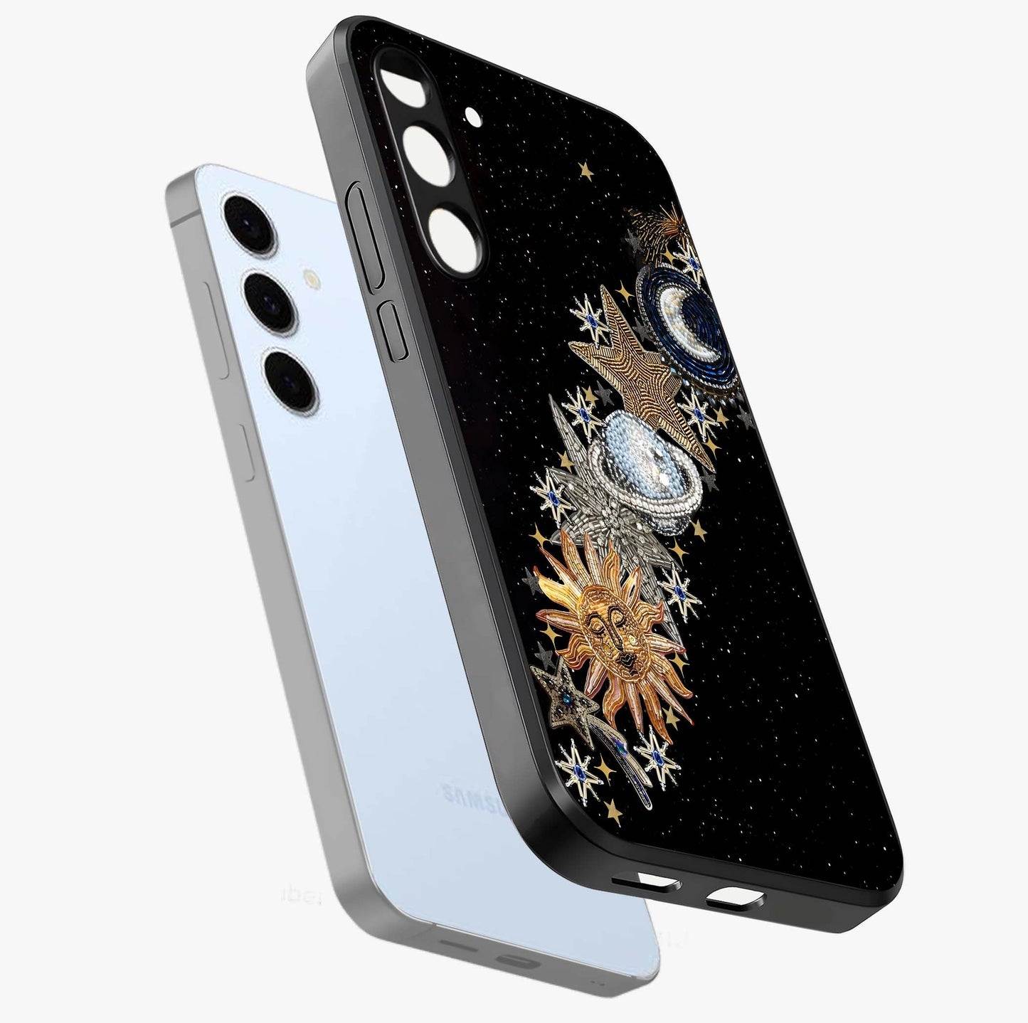 Pearls Universe Object Glass Case displayed in angled mockup highlighting celestial pearl design with dreamy aesthetic.
