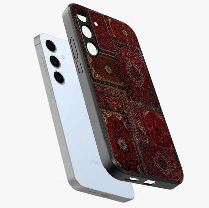Persian Velvet Tale Glass Case displayed in angled mockup highlighting ornate textile inspired design with royal aesthetic.