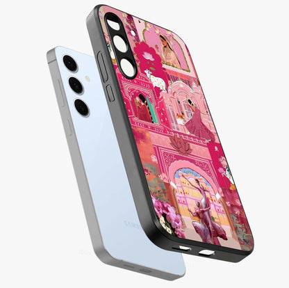 Pink Palace Muse Glass Case displayed in angled mockup highlighting dreamy palace illustration with soft pink aesthetic.