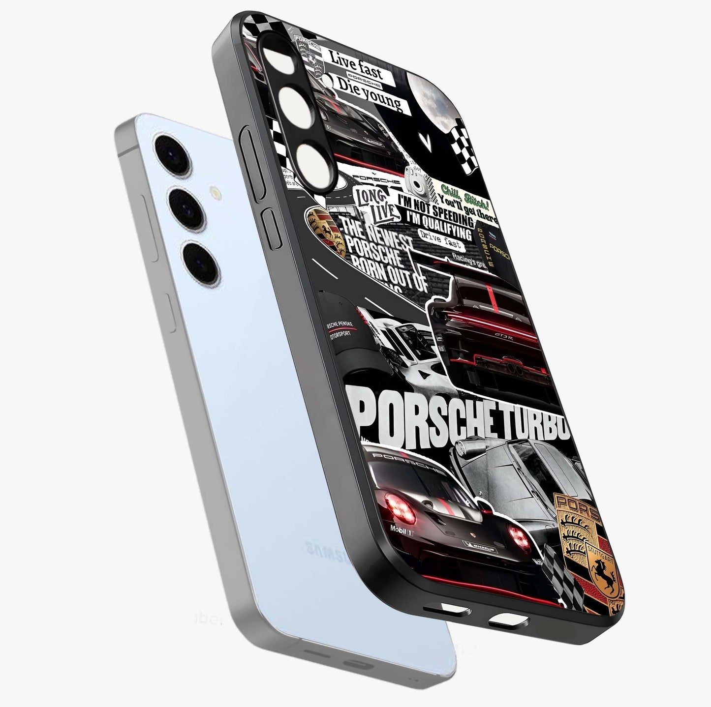 Porsche Racing Collage Glass Case displayed in angled mockup highlighting dynamic automotive design with bold racing aesthetic.