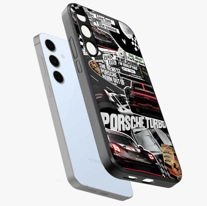 Porsche Racing Collage Glass Case displayed in angled mockup highlighting dynamic automotive design with bold racing aesthetic.