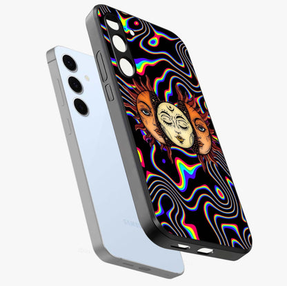 Psychedelic Sun Glass Case displayed in angled mockup highlighting vibrant abstract sun design with artistic aesthetic style.