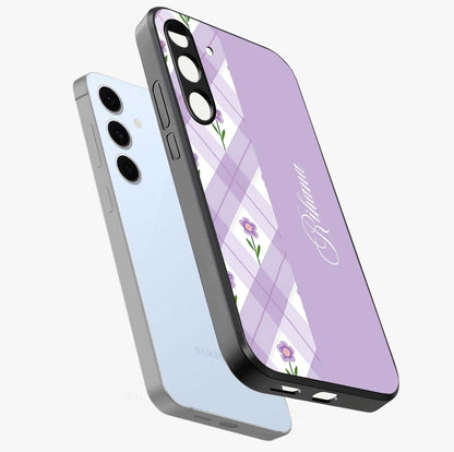 Purple Diamond Floral Glass Case displayed in angled mockup highlighting elegant purple flower design with decorative pattern.