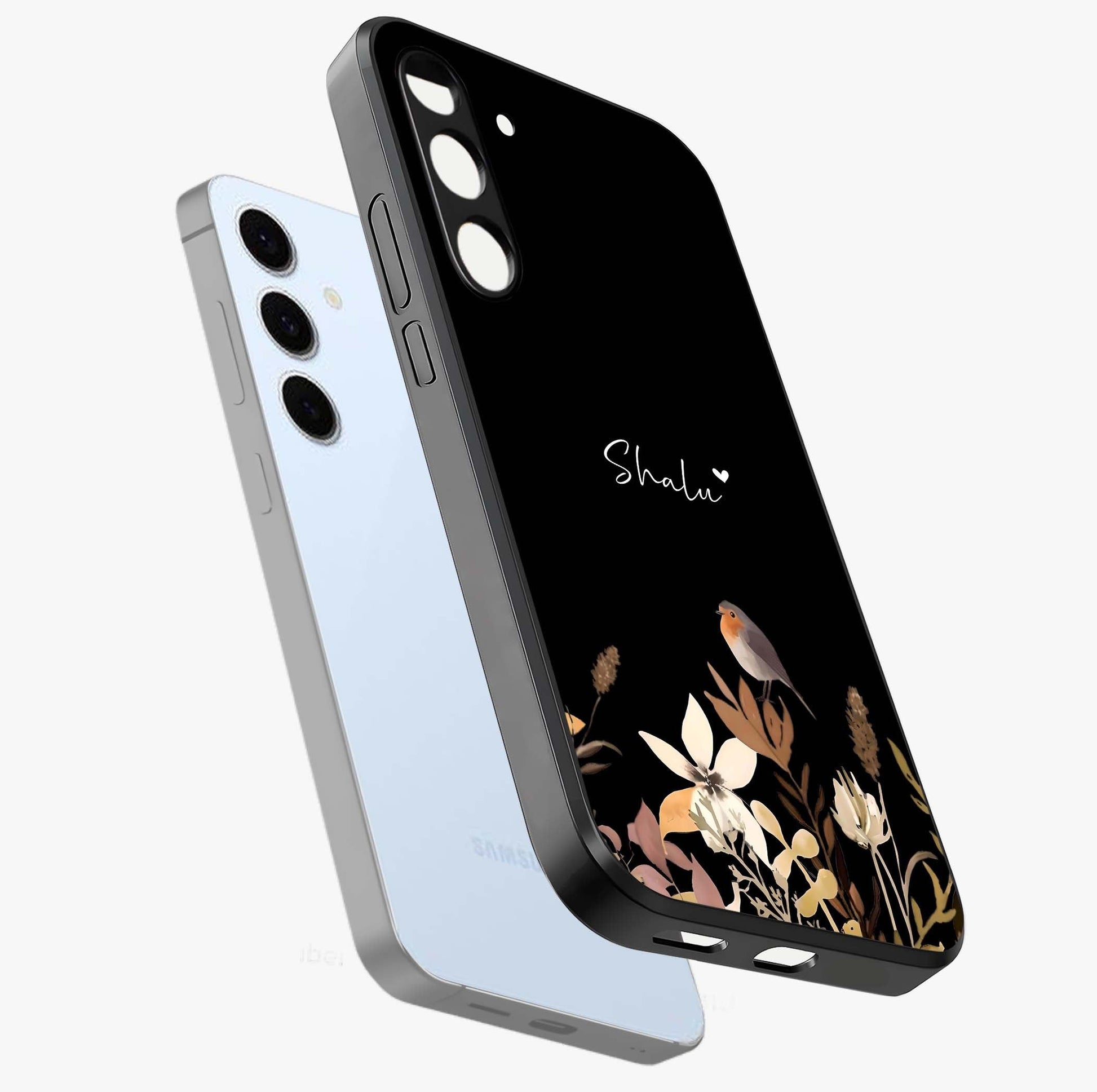Quiet Garden Tune Custom Name Glass Case displayed in angled mockup highlighting delicate floral garden design with custom name feature.