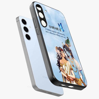 Radha Krishna Eternal Glass Case displayed in angled mockup highlighting divine Radha Krishna illustration with spiritual aesthetic.