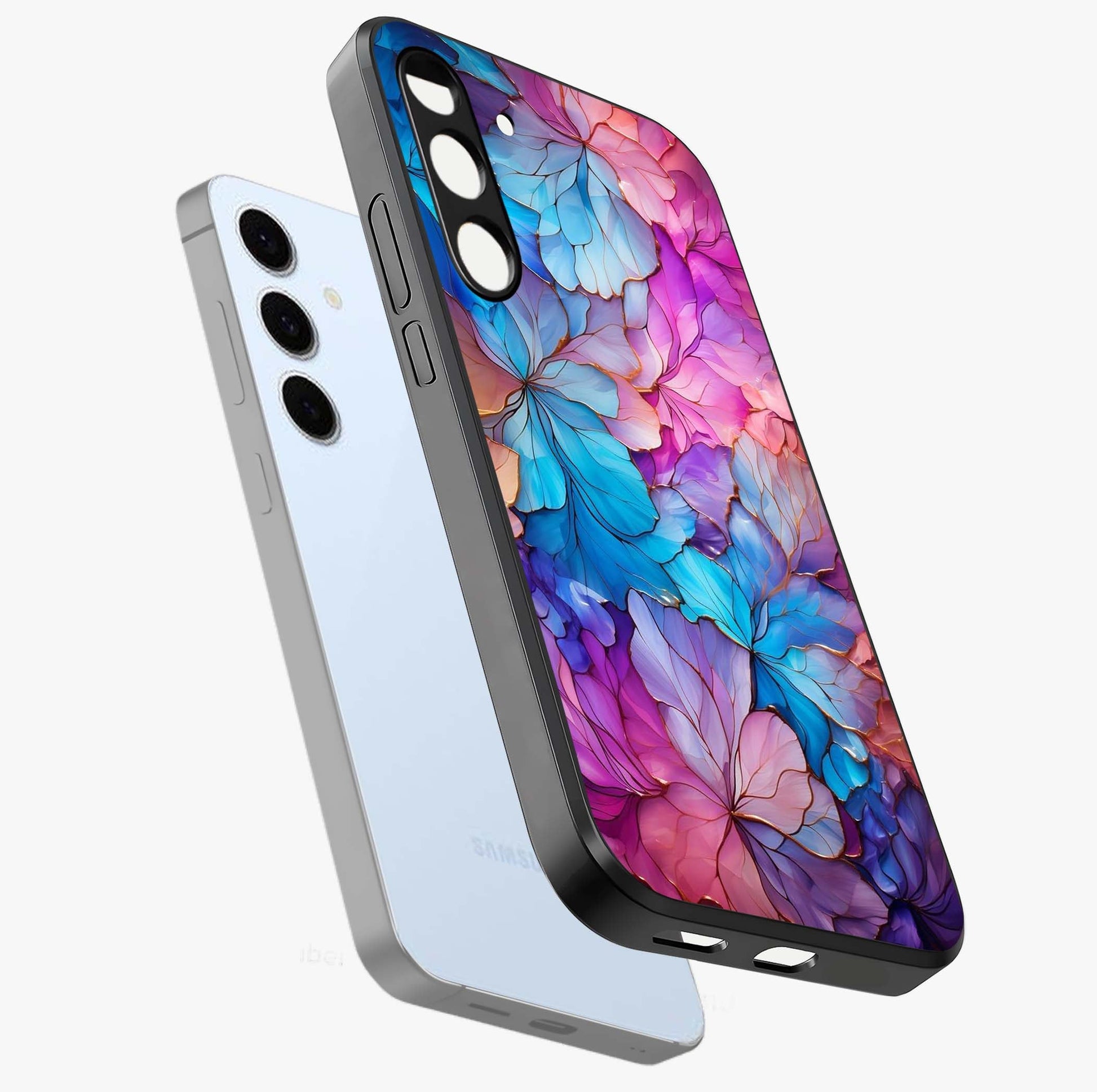 Radiant Floral Whirl Glass Case displayed in angled mockup highlighting vibrant flower pattern with dynamic artistic aesthetic.