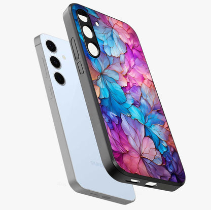 Radiant Floral Whirl Glass Case displayed in angled mockup highlighting vibrant flower pattern with dynamic artistic aesthetic.