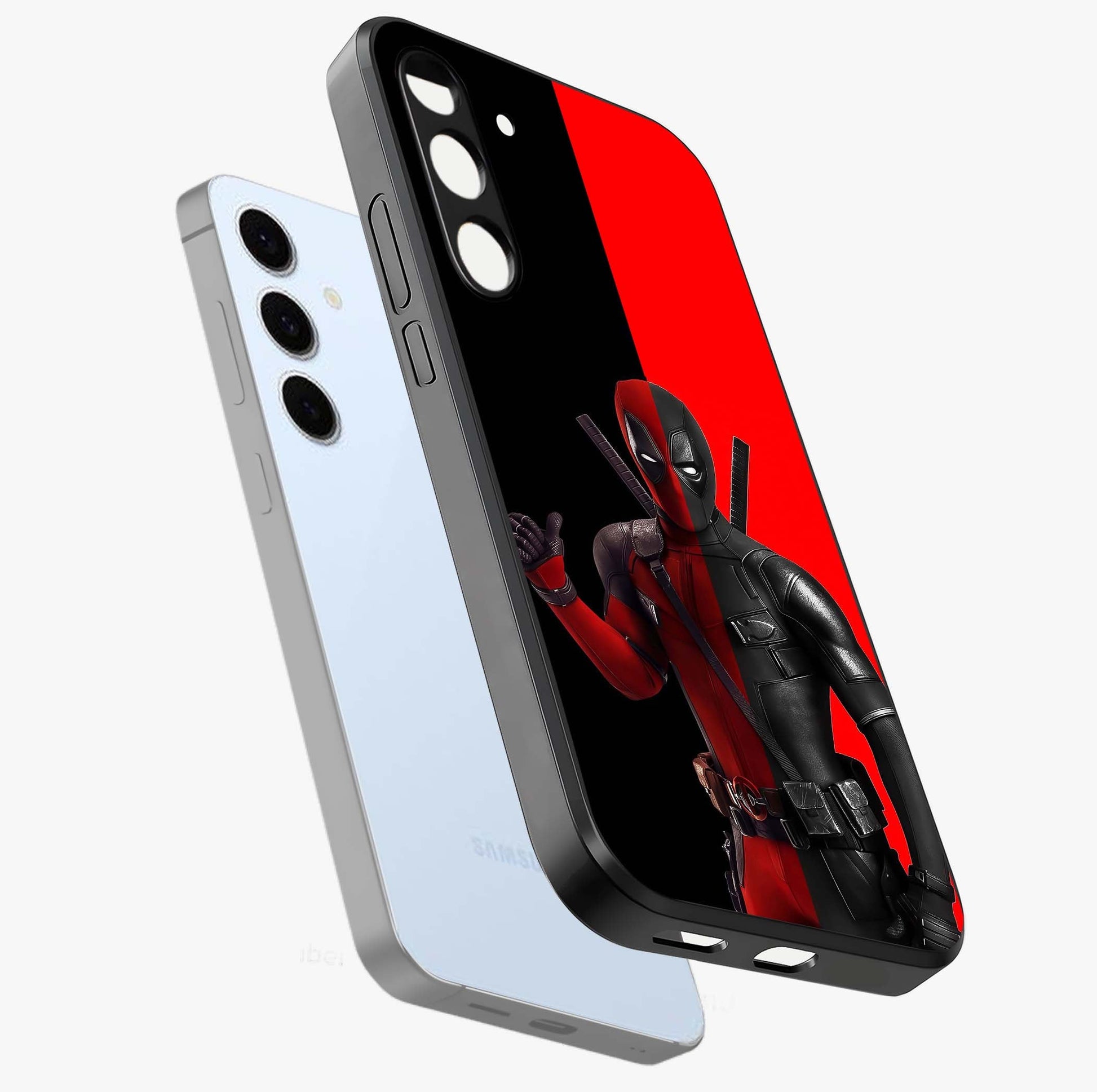 Red & Black Deadpool Theme Glass Case displayed in angled mockup highlighting vibrant superhero style illustration with action aesthetic.