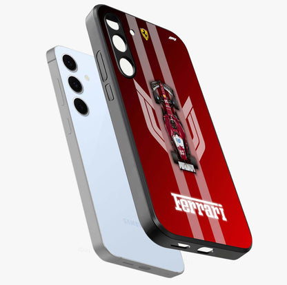 Red Ferrari F1 Vertical Glass Case displayed in angled mockup highlighting high speed racing design with bold automotive aesthetic.