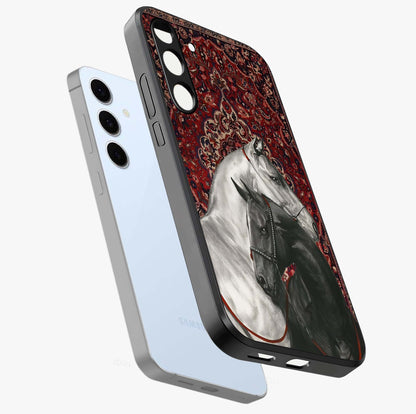 Regal Stallion Tapestry Glass Case displayed in angled mockup highlighting royal stallion design with decorative heritage aesthetic.