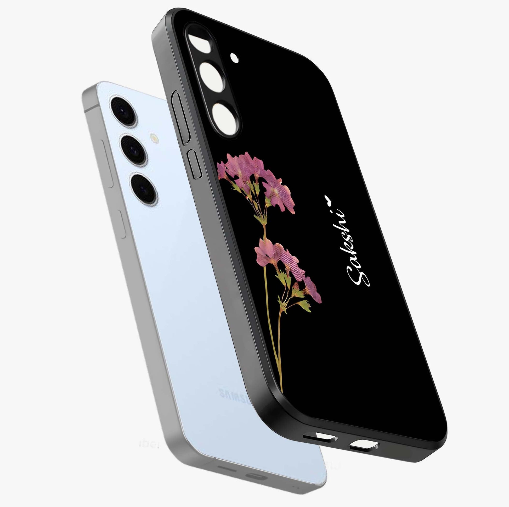 Riching Lavender Flower Custom Name Glass Case displayed in angled mockup highlighting delicate lavender flower design with custom name feature.