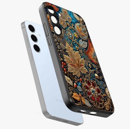 Royal Jewel Garden Glass Case displayed in angled mockup highlighting vibrant jewel inspired floral design with elegant aesthetic.