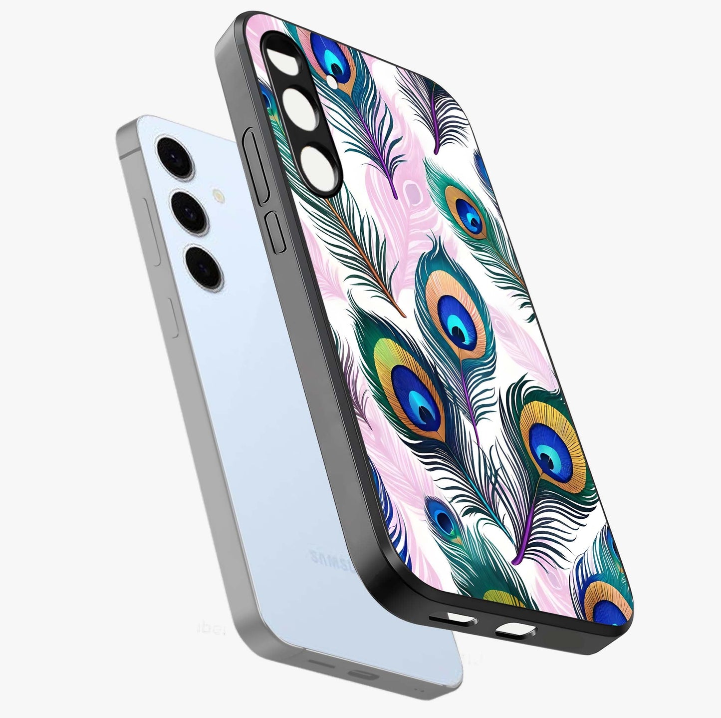 Royal Peacock Feathers Glass Case displayed in angled mockup highlighting vibrant feather pattern with regal aesthetic style.