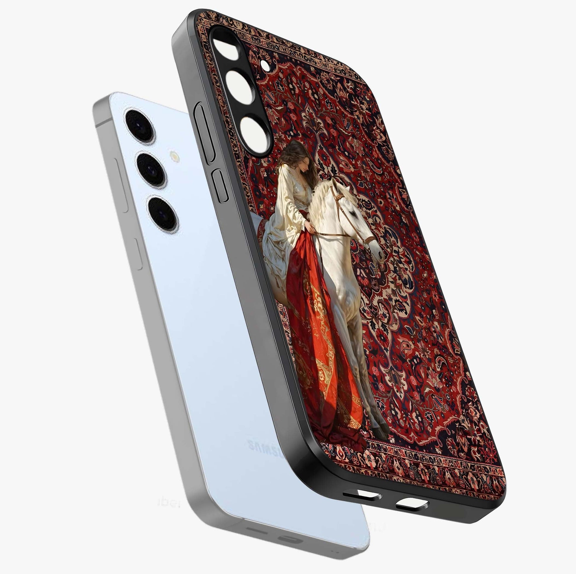 Royal Rider Tapestry Glass Case displayed in angled mockup highlighting traditional tapestry design with royal heritage aesthetic.