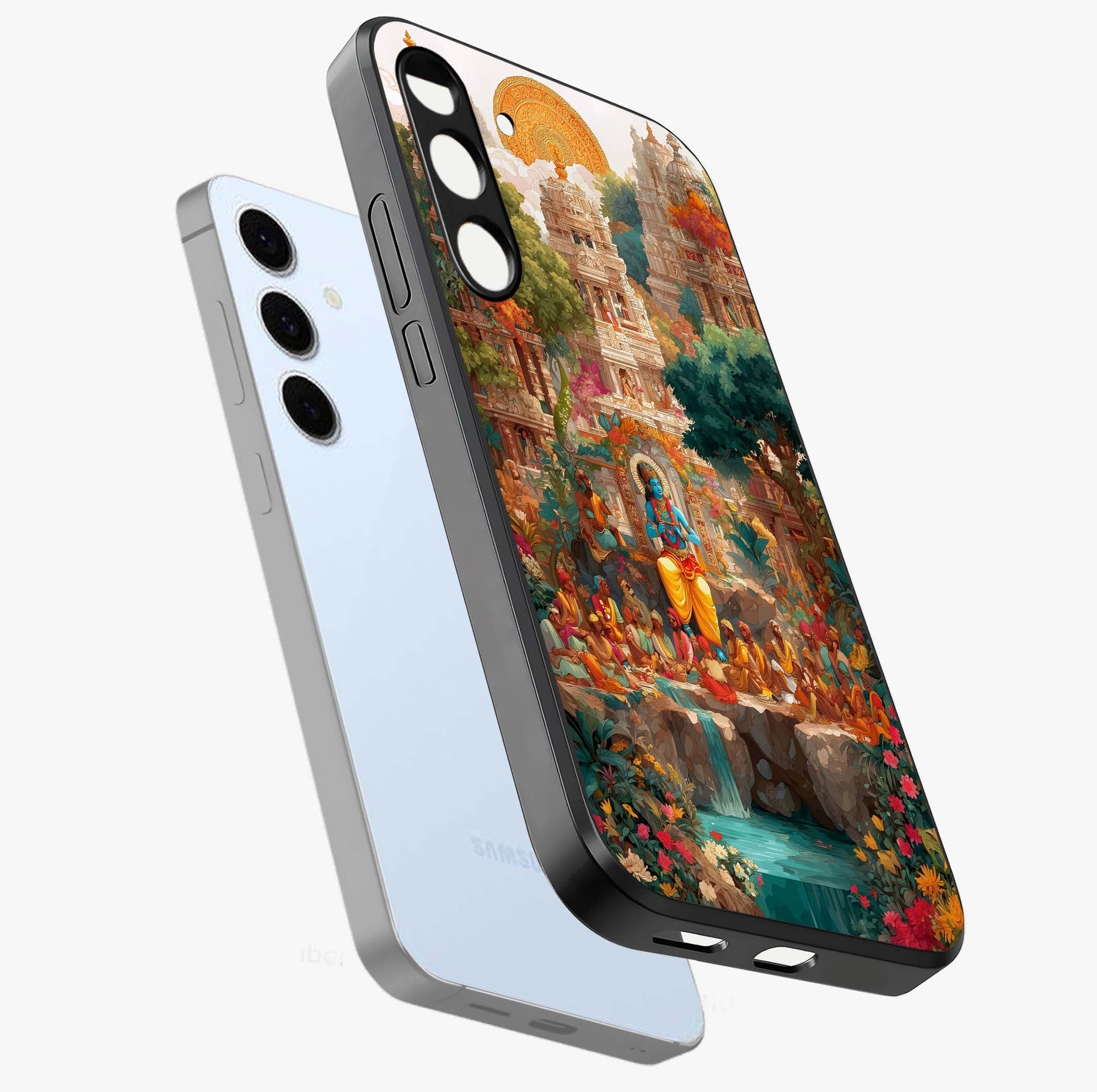 Sacred Sunlight Gods Glass Case displayed in angled mockup highlighting radiant spiritual design with celestial aesthetic.