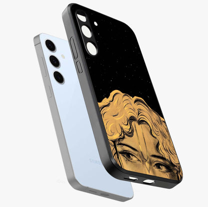 Shri Krishna Art Glass Case displayed in angled mockup highlighting spiritual Krishna illustration with divine aesthetic.