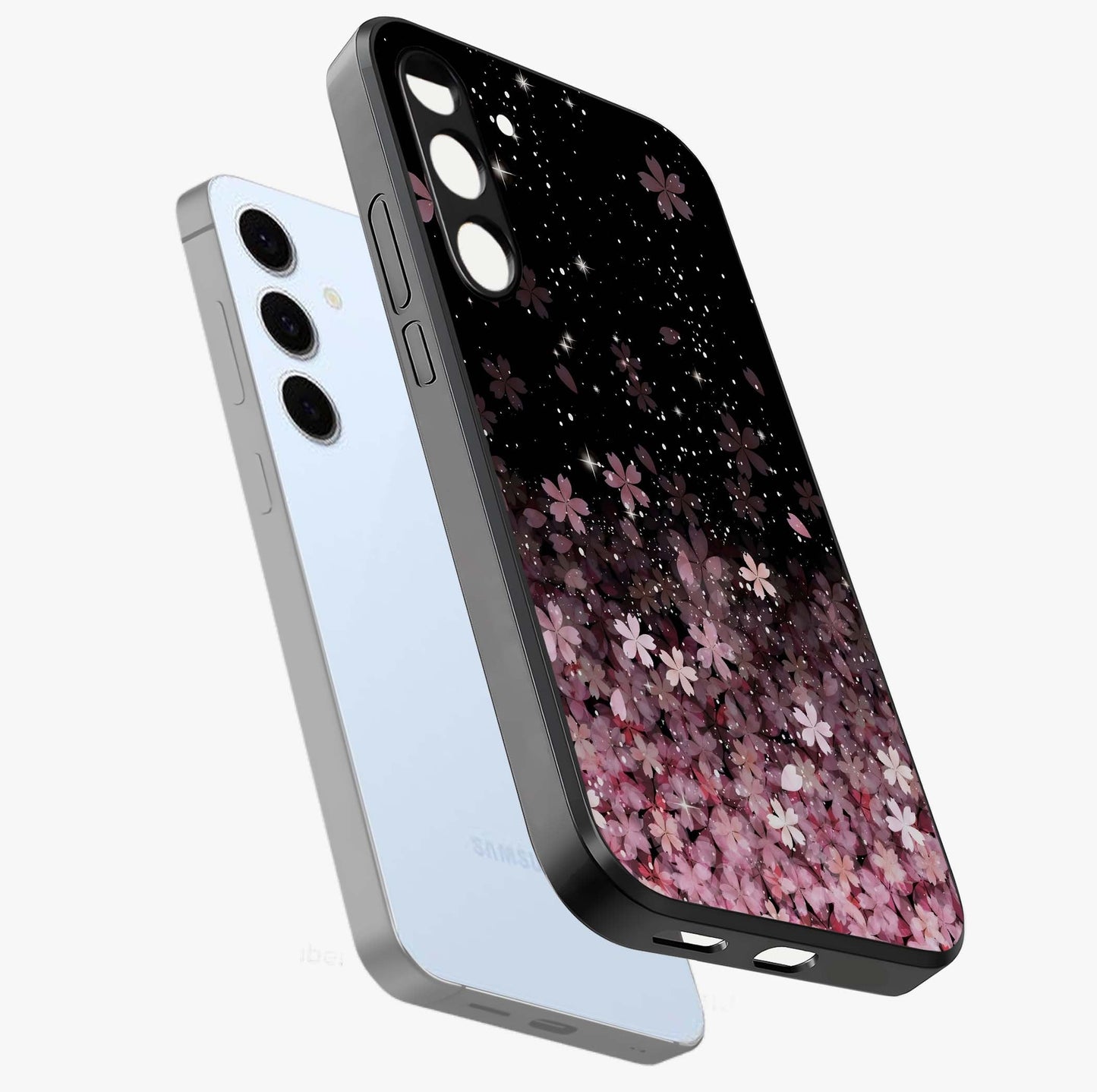 Small Starry Flowers Glass Case displayed in angled mockup highlighting tiny flower pattern with celestial aesthetic style.