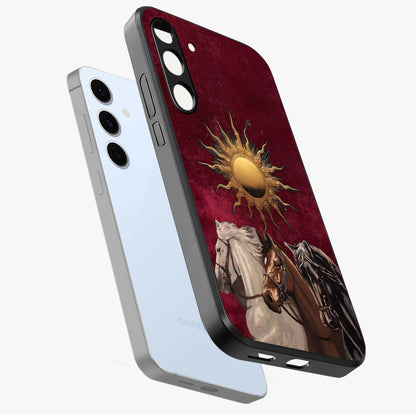 Solar Riders Glass Case displayed in angled mockup highlighting powerful rider illustration with radiant solar aesthetic.