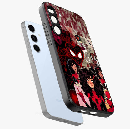 Spider Love Story Glass Case displayed in angled mockup highlighting expressive comic inspired design with playful aesthetic.
