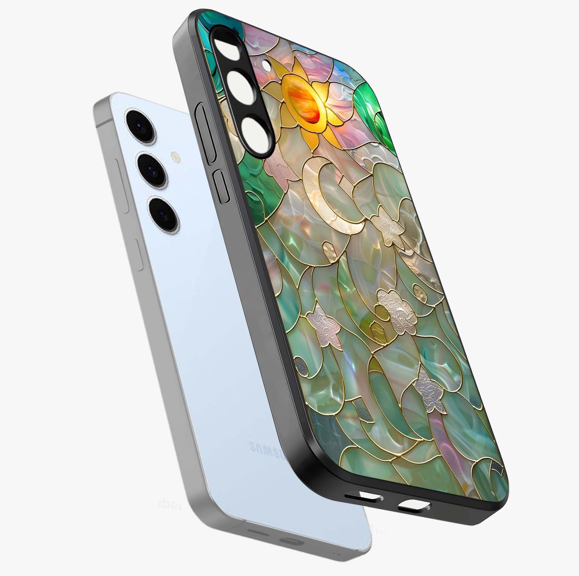 Stained Sunrise Glow Glass Case displayed in angled mockup highlighting radiant sunrise design with artistic aesthetic style.