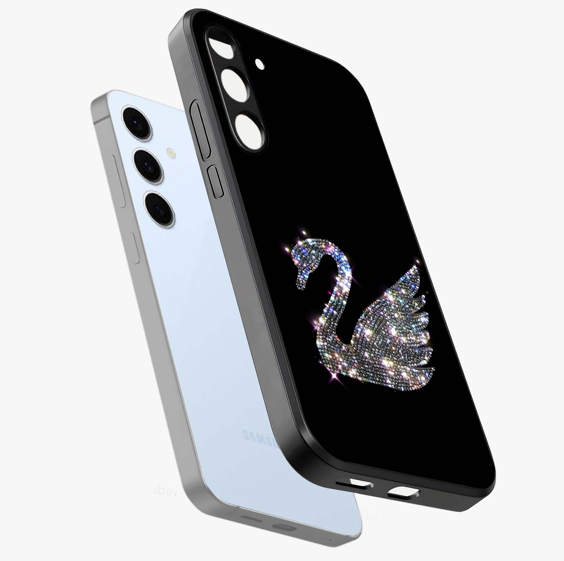 Starlit Swan Grace Glass Case displayed in angled mockup highlighting elegant swan illustration with dreamy celestial aesthetic.
