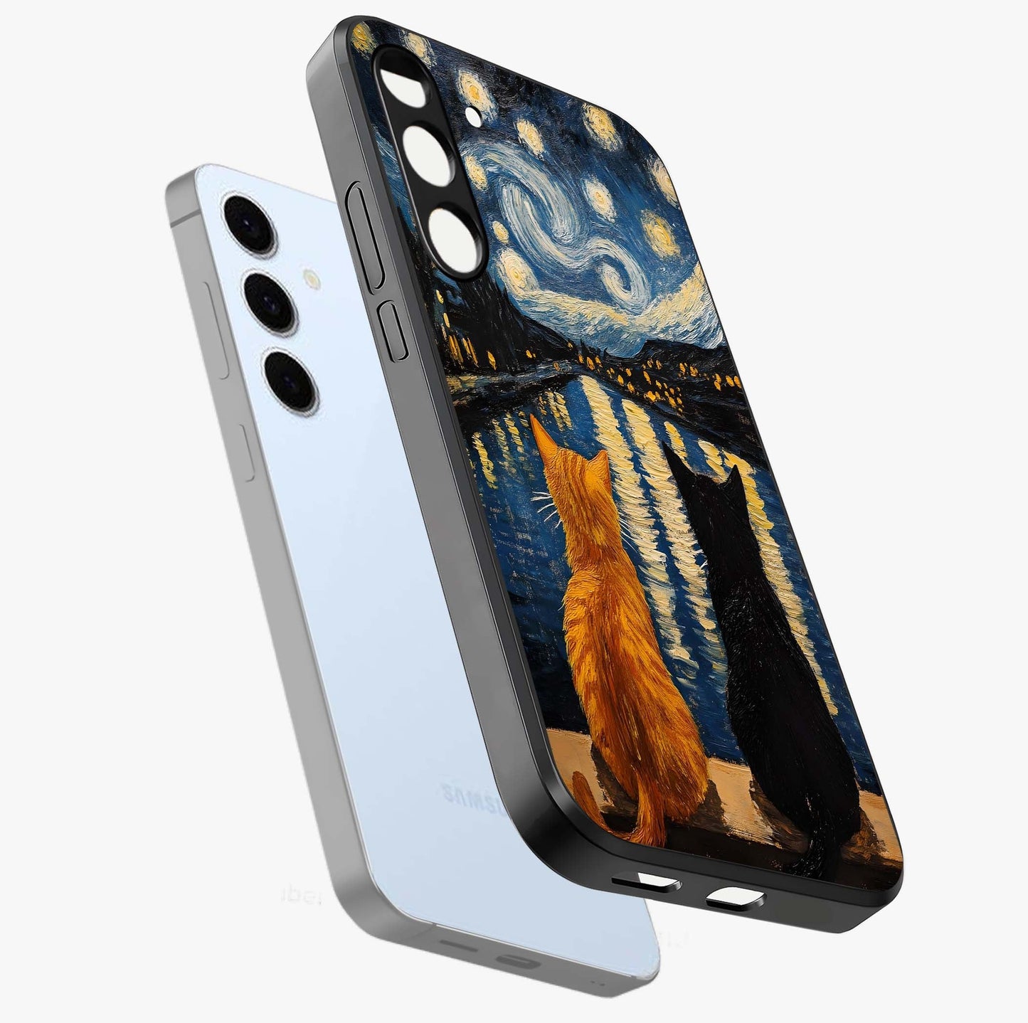 Starry River Cats Glass Case displayed in angled mockup highlighting charming feline illustration with dreamy night aesthetic.