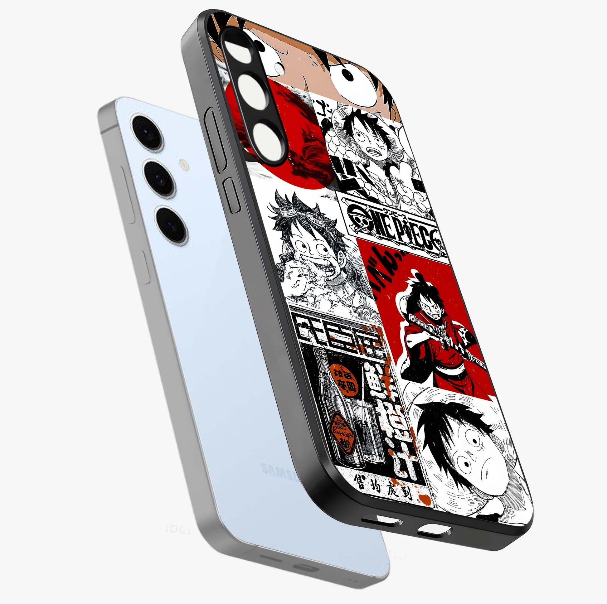 Strawhat Chaos Panels Glass Case displayed in angled mockup highlighting vibrant anime collage design with action aesthetic.