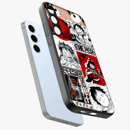 Strawhat Chaos Panels Glass Case displayed in angled mockup highlighting vibrant anime collage design with action aesthetic.