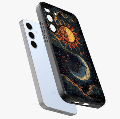 Sun And Moon Magic Design Glass Case displayed in angled mockup highlighting celestial design with magical cosmic aesthetic.
