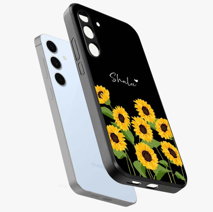 Sunflower Chic Mood Custom Name Glass Case displayed in angled mockup highlighting vibrant sunflower design with custom name feature.
