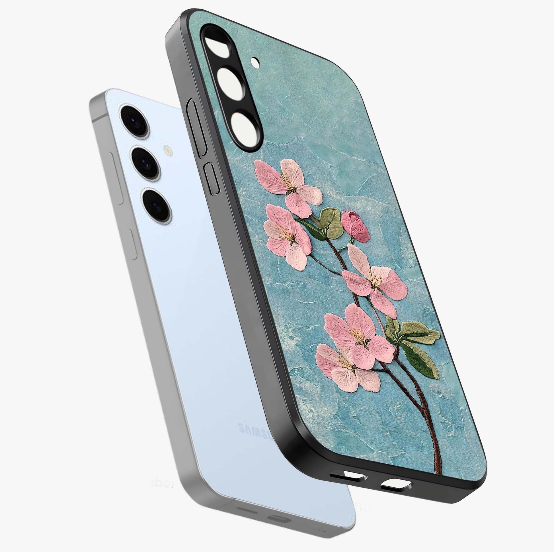 Threaded Blossom Breeze Glass Case displayed in angled mockup highlighting elegant floral design with soft aesthetic style.