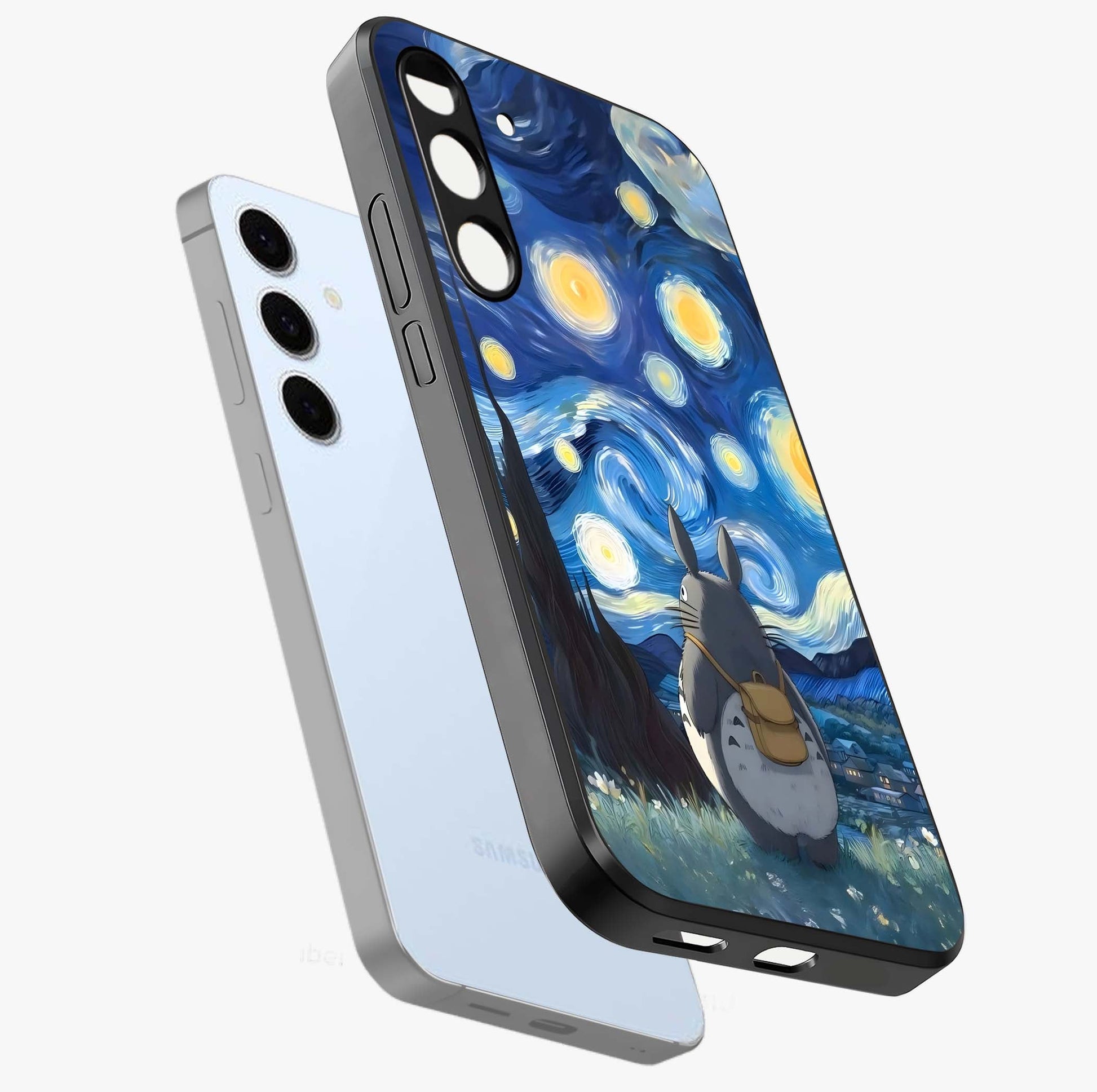 Totoro In Van Gogh Art Glass Case displayed in angled mockup highlighting artistic swirling sky design with playful animation aesthetic.