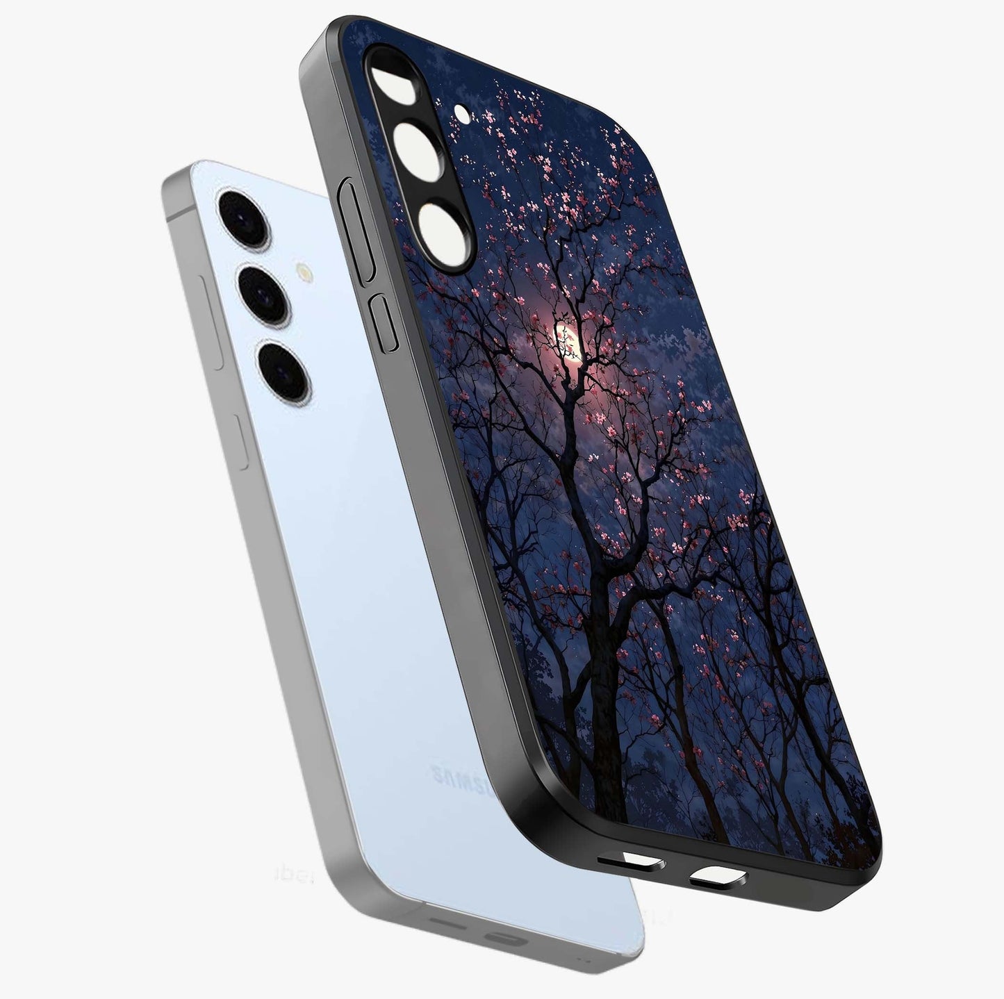 Twilight Sakura Serenade Glass Case displayed in angled mockup highlighting delicate sakura flower design with dreamy aesthetic.