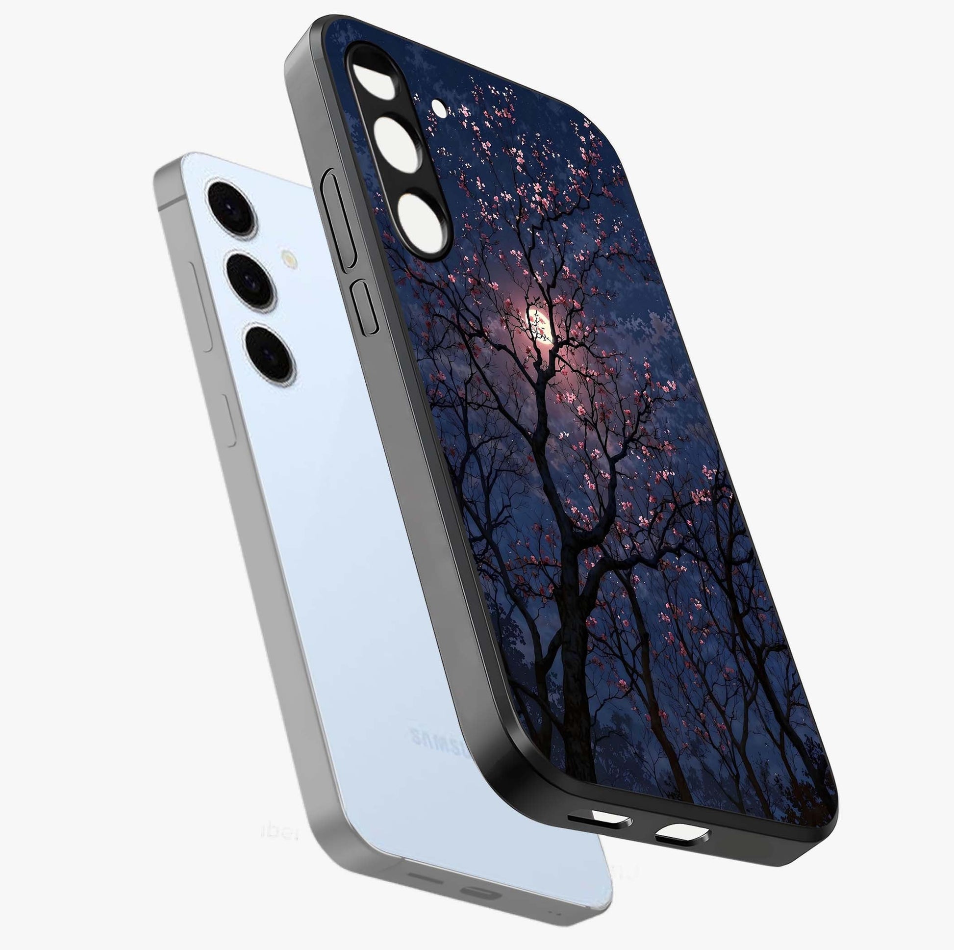 Twilight Sakura Serenade Glass Case displayed in angled mockup highlighting delicate sakura flower design with dreamy aesthetic.