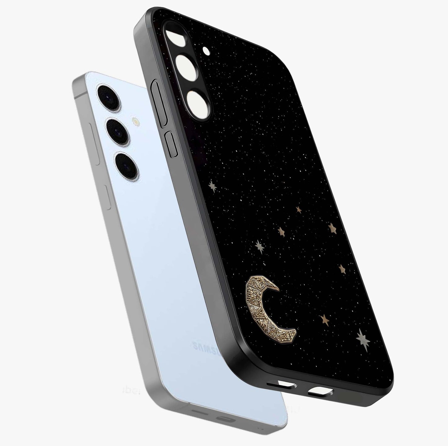 Twinkle Star With Half Moon Glass Case displayed in angled mockup highlighting celestial moon and star design with magical aesthetic.